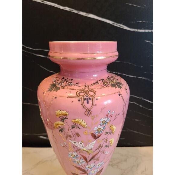 Lg Antique Harrach Bohemian Czech Pink Opaline Overlay Vase Flowers & Bees 14” - Picture 2 of 16